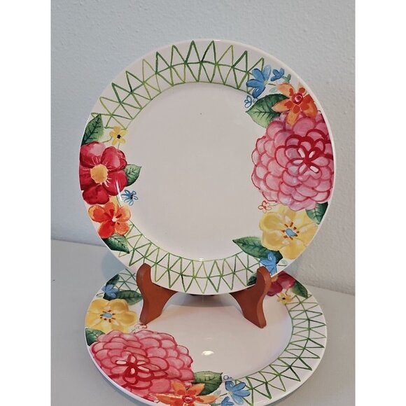 Pier 1 Dinner Plates 11" green lattice dahlia multicolor summer flowers set/ 2 - Picture 2 of 12